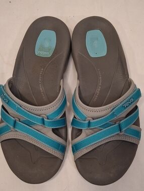 Teva 11 Women's Blue Adjustable Strap Slide Sandals with Gray Footbed